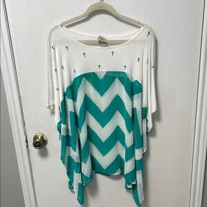 White and Teal Chevron Poncho Top